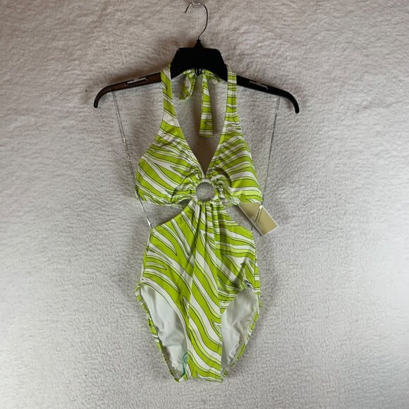 Michael Kors Womens Zebra Print Cutout Halter One Piece Lime Swimsuit Size 4 NWT - Picture 1 of 7